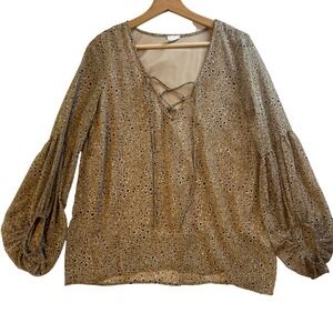 Womens Sheer Leopard Print Long Sleeve Lace Up V Neck Blouse Top